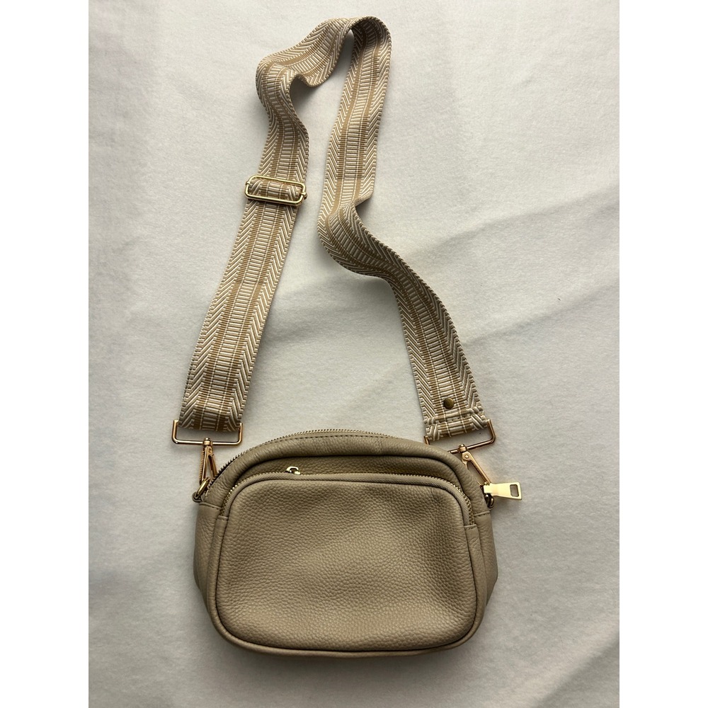 Pom Pom London Mayfair Leather Crossbody Bag Stone Beige Gold Hardware Chevron
